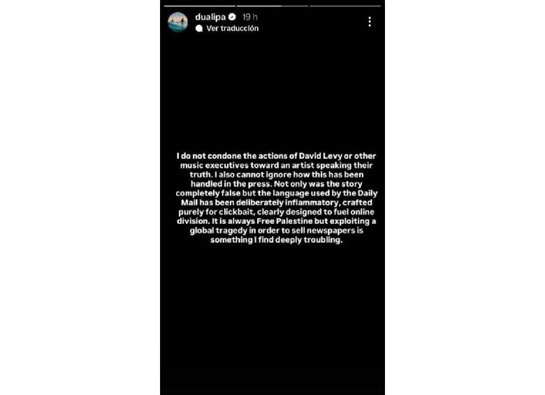 “Siempre es Palestina libre, pero explotar una tragedia mundial para vender periódicos es algo que me parece profundamente preocupante”, dijo la artista en su Instagram.