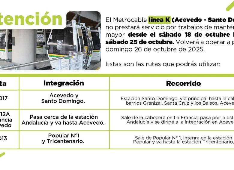 Atención: Recuerde que esta semana el Metrocable de Santo Domingo está en mantenimiento