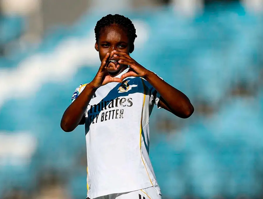 La colombiana Linda Caicedo celebró el tanto con el que se abrió el marcador para la victoria del Real Madrid 3-0. FOTO TOMADA X @realmadridfem