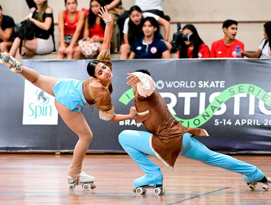 Jeshua Folleco y María Paula Muñoz, del Valle del Cauca, ganaron oro en la modalidad de danza júnior en Brasil. FOTO<b><span class="mln_uppercase_mln"> cortesía fedepatÍn </span></b>