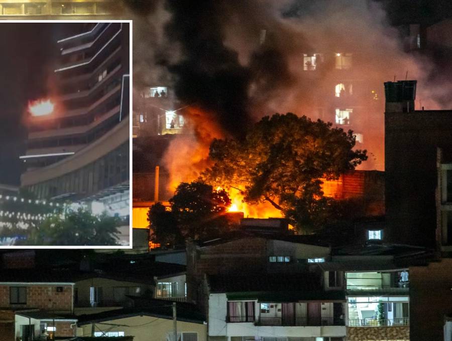 Adelante, la deflagración en el centro de Medellín. Atrás, el fuego expandiéndose al sur de Itagüí. FOTO: Cortesía Denuncias Antioquia y Juan Sánchez.