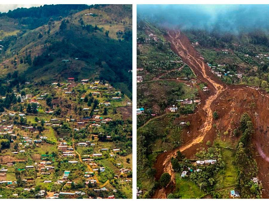 Esta zona deprimida, incrustada a la fuerza en la parte más alta de la ladera nororiental del Valle de Aburrá, se viene poblando desde 1995. La montaña se desprendió el pasado martes. FOTO CAMILO SUÁREZ Y ARCHIVO EL COLOMBIANO