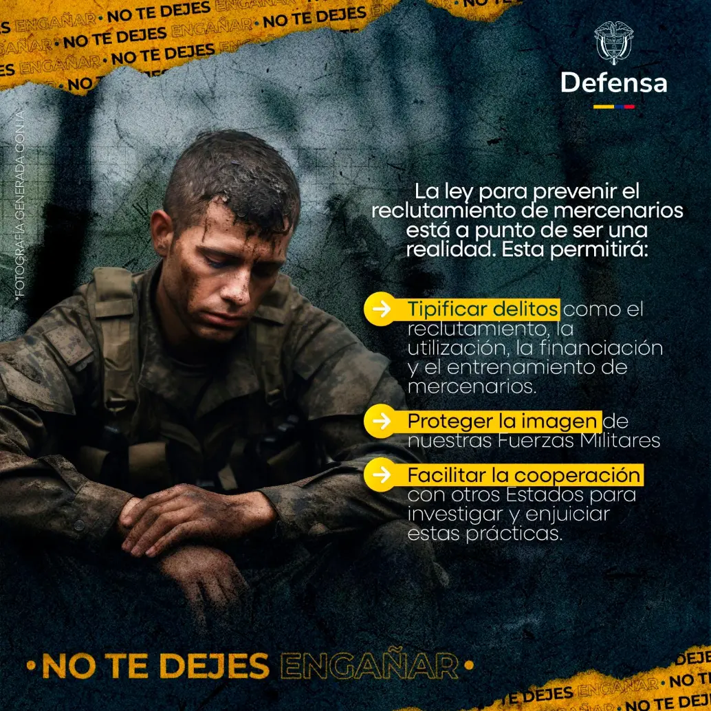 Esta es una de las imágenes de la campaña contra el mercenarismo que están distribuyendo las Fuerzas Militares. FOTO: CORTESÍA EJÉRCITO. Esta es una de las imágenes de la campaña contra el mercenarismo que están distribuyendo las Fuerzas Militares. FOTO: CORTESÍA EJÉRCITO.