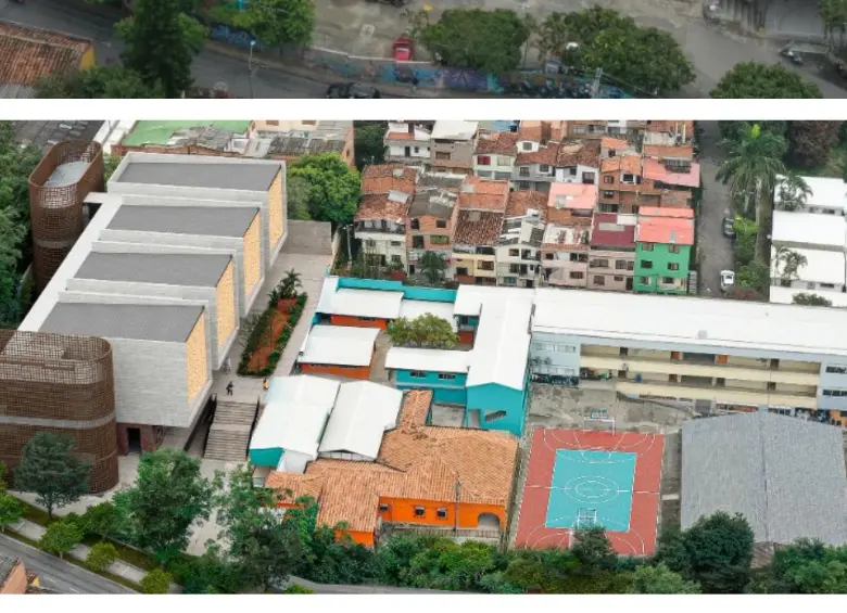 Arriba, estado actual del colegio de Robledo a intervenir. Abajo, posible diseño final de las obras adjudicadas. FOTO: Cortesía