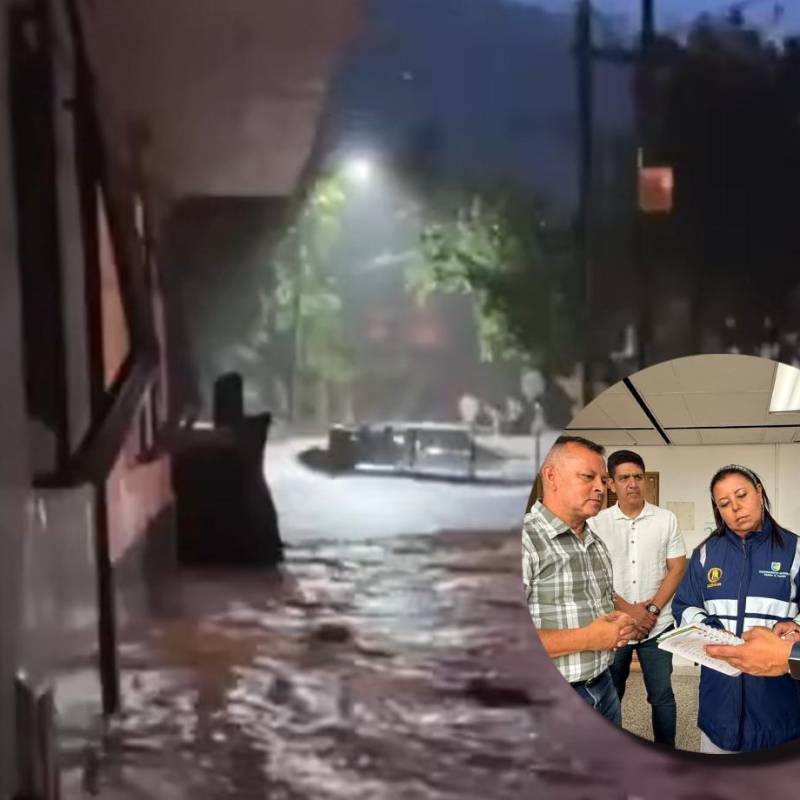 En la imagen principal, las inundaciones registradas en Caracolí. En la miniatura, los organismos de socorro reunidos tras las emergencias reportadas. FOTOS REDES SOCIALES Y DAGRAN.