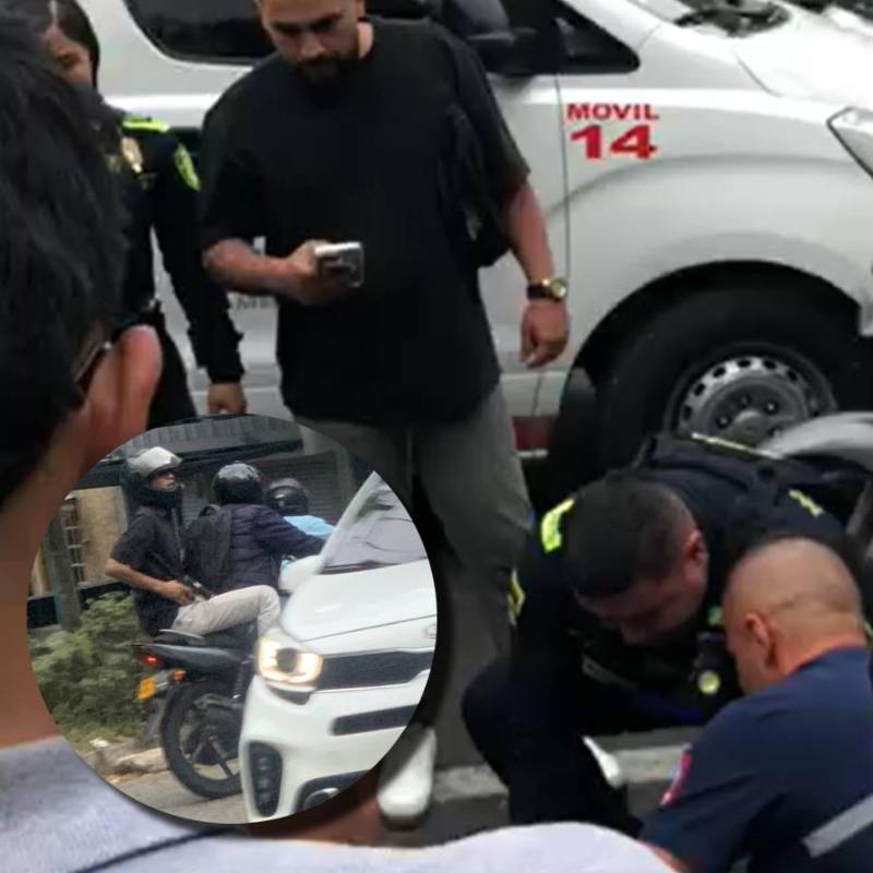 En la imagen principal, el fletero herido recibiendo atención pre hospitalaria. En el detalle, los presuntos cómplices quienes huyeron del sitio en otra motocicleta. FOTOS CORTESÍA.
