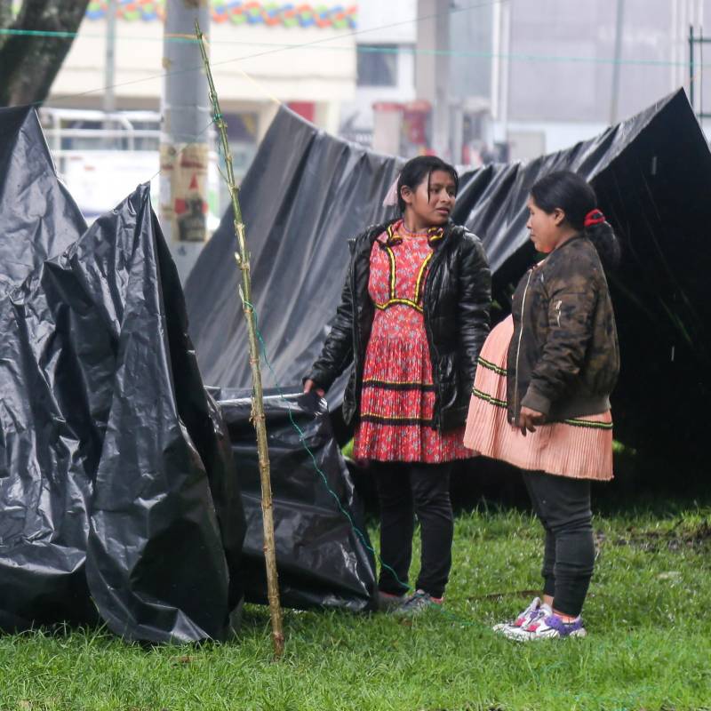 Bogotá. Mayo 19 de 2025. Integrantes de la comunidad indígena Emberá, en su mayoría provenientes de la Unidad de Protección Integral (UPI) La Rioja, se trasladaron nuevamente al Parque Nacional, exigen un diálogo con el Gobierno Nacional . (Colprensa - Catalina Olaya)