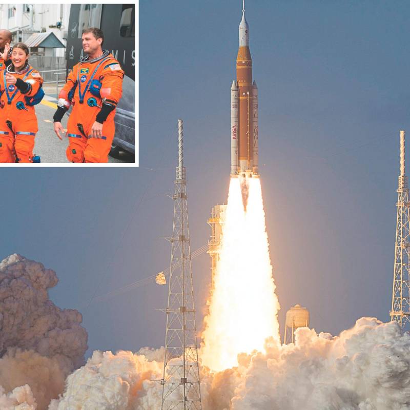 Los cuatro astronautas a su llegada a la zona de lanzamiento y finalmente el despegue del cohete SLS hacia la Luna. FOTOS: Getty