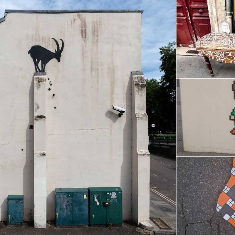 A la izquierda una de las obras de Banksy, a la derecha tres artistas callejeros que también son incognitos. FOTOS Instagram @banksy, @ouestled, @mr.bad.tiles y @ememem.flacking