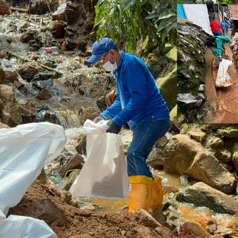 Costales con materiales, escombros y baldosas es lo que más encontraron en la limpieza realizada en dos quebradas de Manrique. FOTO CORTESÍA