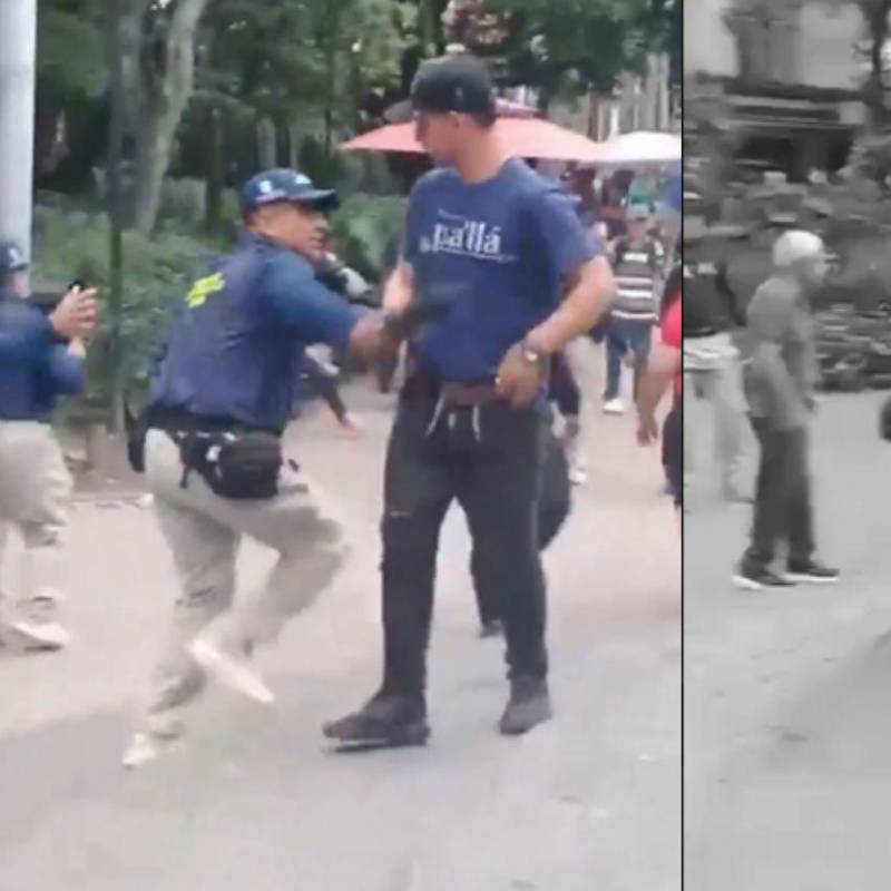 En un video, difundido en redes sociales, los grupos de gestores de convivencia de la Secretaría de Seguridad de Medellín fueron captados agrediendo a un ciudadano venezolano. Al parecer, los agredidos estarían cometiendo varias infracciones en el Parque Bolívar. FOTO: TOMADA DE VIDEO