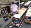Adelante, el conductor de bus que se enfrentó contra las mujeres. Atrás, imagen de referencia de buses de la ciudad. Foto: Esneyder Gutiérrez e imagen tomada de redes.