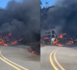 Camión del D1 quemado en Anorí. FOTO: CAPTURA DE VIDEO REDES SOCIALES