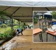 Adelante: el agua y el lodo afectaron las instalaciones del colegio. Atrás, empleados de la institución retiran lodo con palas. FOTO: Cortesía.