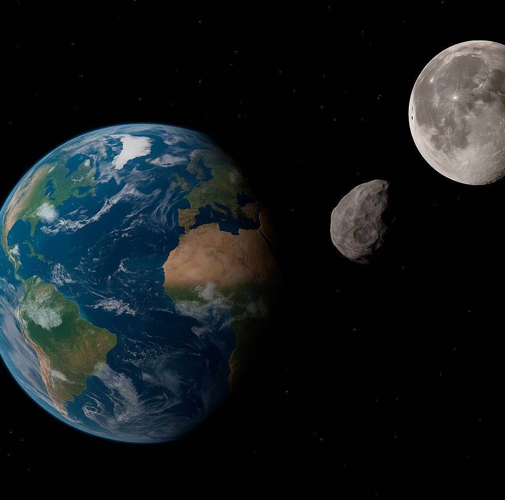 Ilustración artística del planeta Tierra junto a su luna y el asteroide 2025 PN7, un cuasi-satélite que seguirá acompañando nuestra órbita hasta el año 2083. FOTO creada con inteligencia artificial  Ilustración artística del planeta Tierra junto a su luna y el asteroide 2025 PN7, un cuasi-satélite que seguirá acompañando nuestra órbita hasta el año 2083. FOTO creada con inteligencia artificial