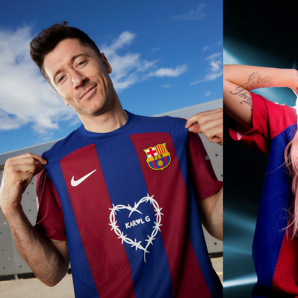 Karol G en las camisetas del Barça que se usarán en el superclásico contra el Real Madrid. FOTO: Sitio oficial del FC Barcelona