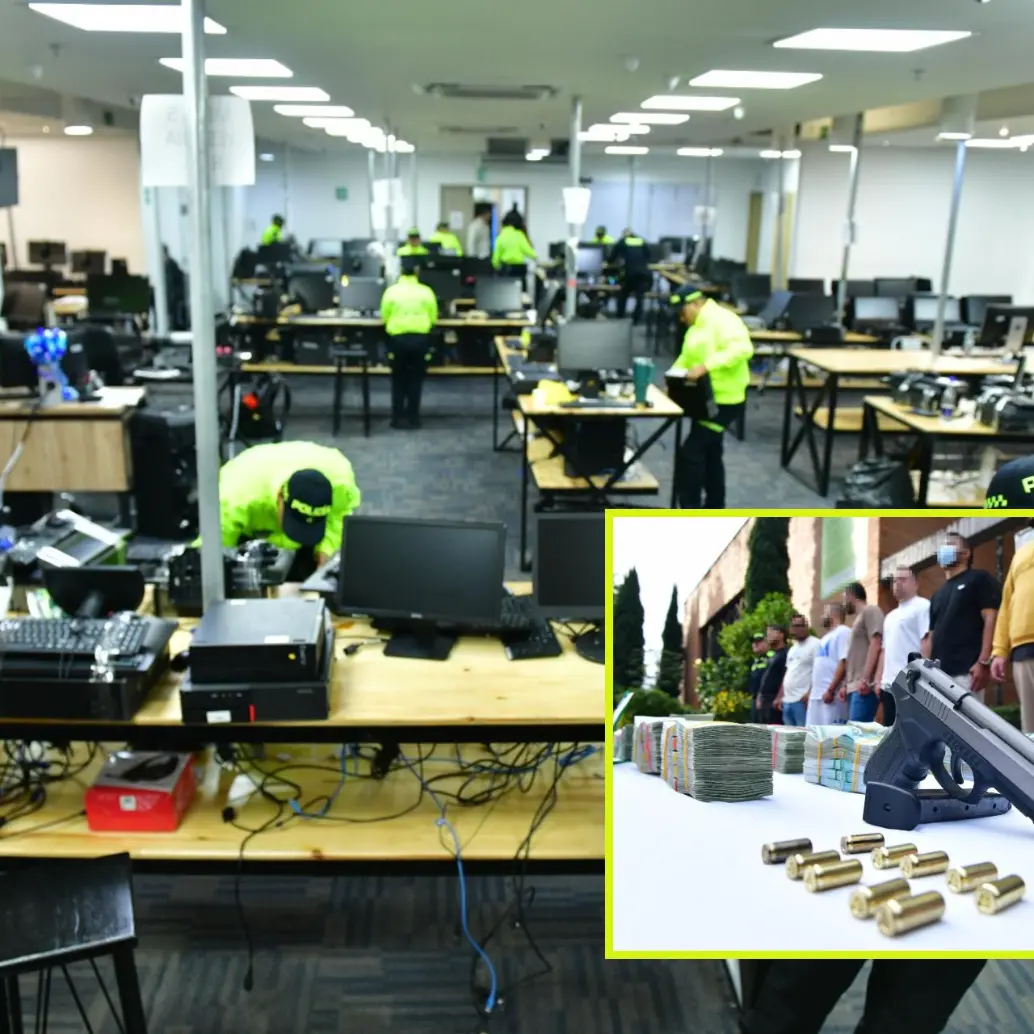 Adelante, los detenidos con parte de los elementos incautados. Atrás, el “call center” que los estafadores operaban desde la comuna de El Poblado. FOTO: Cortesía MEVAL. Adelante, los detenidos con parte de los elementos incautados. Atrás, el “call center” que los estafadores operaban desde la comuna de El Poblado. FOTO: Cortesía MEVAL.