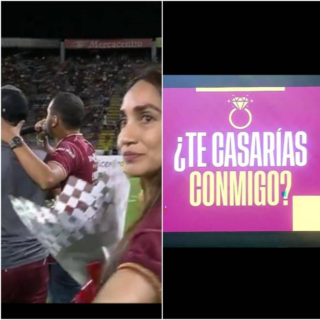 Momentos en los que la pareja estaba en la grama del estadio para la pedida de mano en medio del partido entre Tolima y Patriotas. FOTO: CAPTURA VIDEO WIN SPORTS 