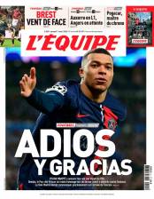 Esta es la portada de L’Equipe del domingo, donde despide a Kylian Mbappé, quien ese día juega su último partido con el PSG. FOTO TOMADA @lequipe