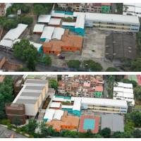 Arriba, estado actual del colegio de Robledo a intervenir. Abajo, posible diseño final de las obras adjudicadas. FOTO: Cortesía