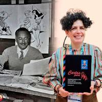 Al fondo el chileno René Ríos Boettiger con su mayor creación, Condorito. A la derecha la escritora Claudia Stern, autora del libro que explora la vida del dibujante latinoamericano. FOTOS Cortesía familia Ríos Boettiger - Cortesía Claudia Stern