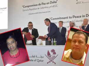 En la imagen de fondo, la firma de los acuerdos parciales el pasado 5 de diciembre en Catar, con Luis Pérez Castañeda (“Jerónimo”) a la izquierda y Álvaro Jiménez, el delegado del Gobierno. En los recuadros, a la izquierda está Abimael Coneo (“Torta”) y al otro lado Jovany Marín. FOTOS: CORTESÍA Y ARCHIVO EL COLOMBIANO.