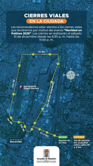 Los cierres programados por el evento de Navidad en Patines 2025. FOTO Cortesía Alcaldía de Medellín.