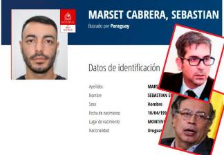 Esta es la Circular Roja de Interpol contra Sebastián Marset. En los recuadros, dos personajes que lo ligan a Colombia: su víctima Marcelo Pecci y el presidente Gustavo Petro, que presiona por su captura. FOTOS cortesía