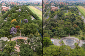 En el lado derecho, está cómo quedarían las obras. En el izquierdo, el estado actual del parque. FOTO: Cortesía Alcaldía de Medellín
