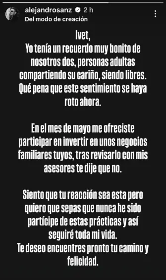 Respuesta de Alejandro Sanz al video de Ivet Playà , la fan que lo acusa de una conducta inapropiada. Historia de instagram tomada de la cuenta oficial del cantante. 