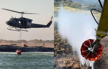 En la Sierra Nevada de Santa Marta, helicópteros Bell-212 ‘Rapaz’ de su Fuerza Aeroespacial, realizan labores de extinción de incendio con el sistema Bambi Bucket. FOTO: FUERZA AEROESPACIAL