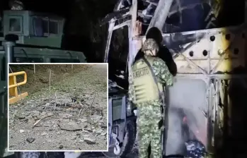 Adelante, daño en el puente que lleva a Salgar e Hispania en el Suroeste. Atrás, bus quemado en Valdivia. FOTO: Cortesía