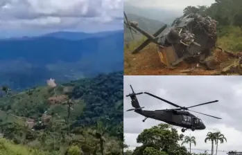 Los presuntos responsables del atentado verificaron desde lejos el éxito del ataque al helicóptero de la Policía en Amalfi, el cual quedó destruido tras ser derribado. Fotos: EL COLOMBIANO y redes sociales