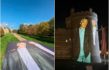Estas son algunas de las imágenes de Epstein y Trump que fueron proyectadas en el castillo de Windsor en Londres. FOTOS: Tomadas de X @MissAlly_01 y @DJJudd