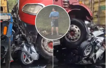 Uno de los hijos de la pareja que murió en el accidente se bajó en medio del trancón para orinar, por lo que presenció todo desde afuera. Su hermano menor también sobrevivió. FOTO: Captura video de redes sociales 