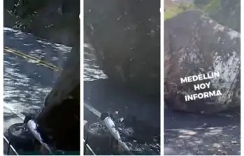 Momento en el que el peñón se desprende y aplasta la moto de un conductor. FOTO: imagen redes sociales Medellín Hoy Informa