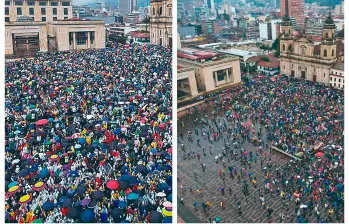 Petro intentó relativizar el alcance de las movilizaciones publicando en X dos fotos contrastantes de la Plaza de Bolívar: una llena y otra parcialmente ocupada bajo la lluvia. FOTO @petrogustavo