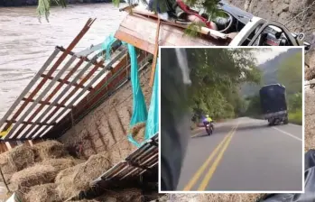El camión tomó un rumbo abrupto hacia la derecha y rodó por un pronunciado abismo pese a las advertencias de la Policía. Fotos: Cortesía y captura de video.