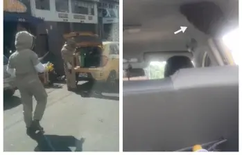 El equipo de control de abejas procediendo a retirar el panal que estaba dentro del taxi. FOTO Cortesía Denuncias Antioquia. 