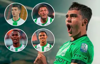 En la imagen aparecen, en su orden, Simón García, Andrés Salazar, Royer Caicedo, Cristian Uribe y, en primer plano, Juan Manuel Rengifo. FOTOS @NACIONALOFICIAL En la imagen aparecen, en su orden, Simón García, Andrés Salazar, Royer Caicedo, Cristian Uribe y, en primer plano, Juan Manuel Rengifo. FOTOS @NACIONALOFICIAL