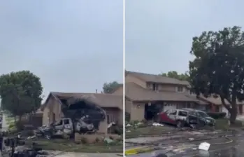 La avioneta que se estrelló en California en la madrugada de este jueves 22 de mayo dejó varias filas de autos quemados y al menos una casa dañada. FOTO: Redes sociales