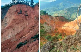 El desprendimiento de tierra de grandes proporciones estaría amenazando con represar la quebrada La Sucia. FOTOS: Cortesía Alcaldía de Ebéjico