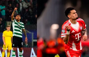 Luis Suárez y Luis Díaz en el festejo de sus goles de octavos de Champions. FOTO: GETTY y X BAYERN MUNICH