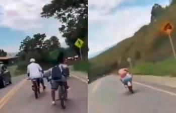 Dos jóvenes murieron mientras practicaban Gravity Bike en vía del Cauca. Foto: Pantallazos de video publicado en cuenta de X @ClickTvSm. 