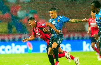 El delantero Brayan León Muñiz regresa a la titularidad con el Medellín. El primer gol que marcó con el cuadro rojo en 2023 fue contra Pereira, su exequipo. FOTO: Camilo Suárez