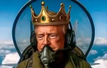 Donald Trump respondió a las manifestaciones en su contra con un video creado con Inteligencia Artificial en el que se le ve pilotando un avión de guerra y lanzando excrementos a los manifestantes. Foto captura pantalla. 
