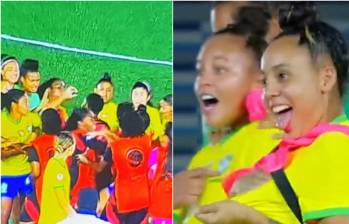 Momentos en los que las jugadoras de Brasil provocaron a las colombianas y comenzó la trifulca en medio del campo. FOTO: REDES SOCIALES Y CAPTURA CARACOL SPORTS