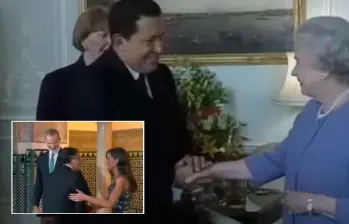 Lo sucedido con Petro fue comparado con un suceso en donde Chávez quiso romper el protocolo para abrazar a la reina Isabel II. Fotos: Capturas de videos 