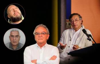El presidente Gustavo Petro en la imagen central. Arriba, Luis Felipe Ramírez, abogado de ‘Papá Pitufo’; abajo, Diego Marín, alias Papá Pitufo, y a la derecha, Jorge Lemus, exdirector de la DNI. FOTOS: Colprensa, cortesía y captura de video