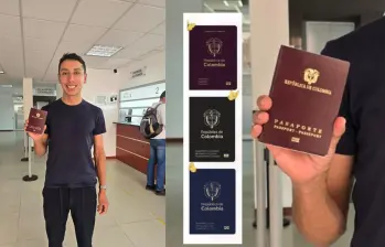 El nuevo pasaporte (vertical) vs el viejo pasaporte (el que Egan Bernal tiene en la mano). FOTO: REDES SOCIALES.